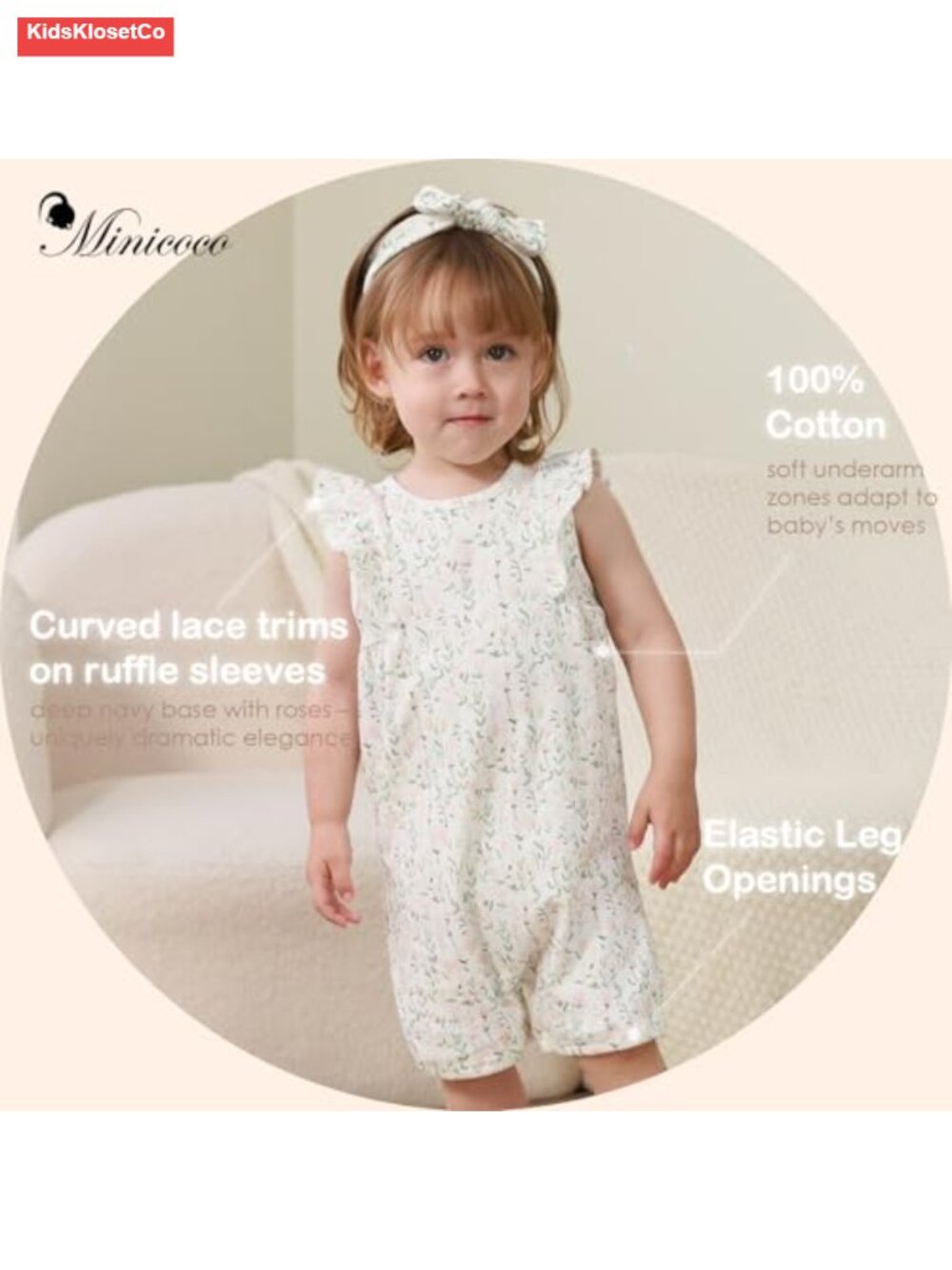 100% Cotton Baby Girls Ruffle Sleeve Romper One-Piece Jumpsuit - Picture 2 of 4